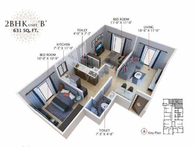 Floor plan of 2 BHK 631 Sq. Ft. Apartment in Hum Solaris, Mumbai