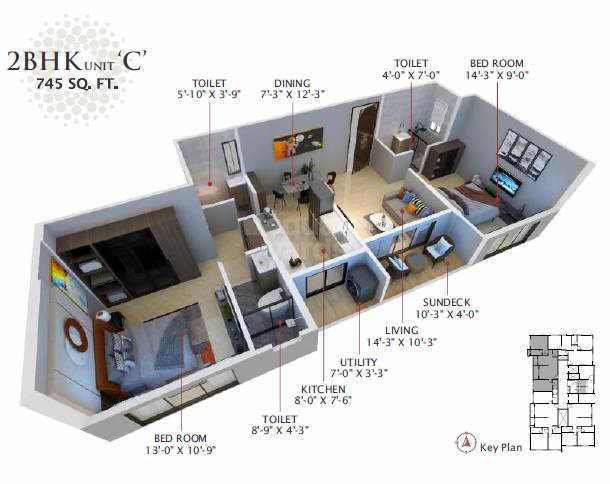 Floor plan of 2 BHK 745 Sq. Ft. Apartment in Hum Solaris, Mumbai