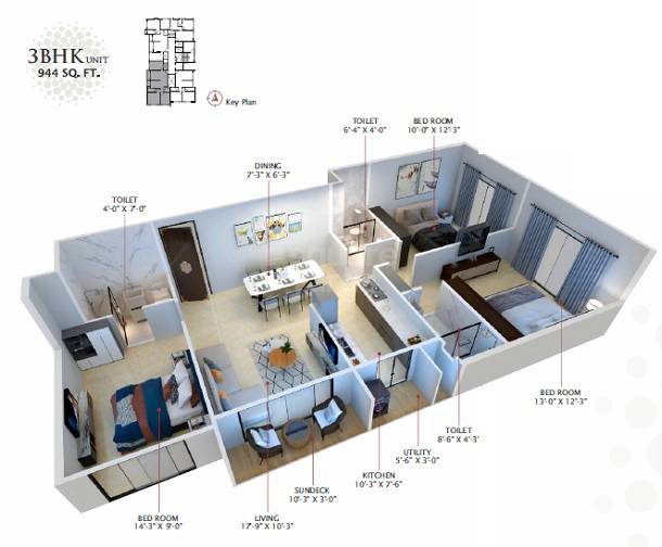 Floor plan of 3 BHK 944 Sq. Ft. Apartment in Hum Solaris, Mumbai
