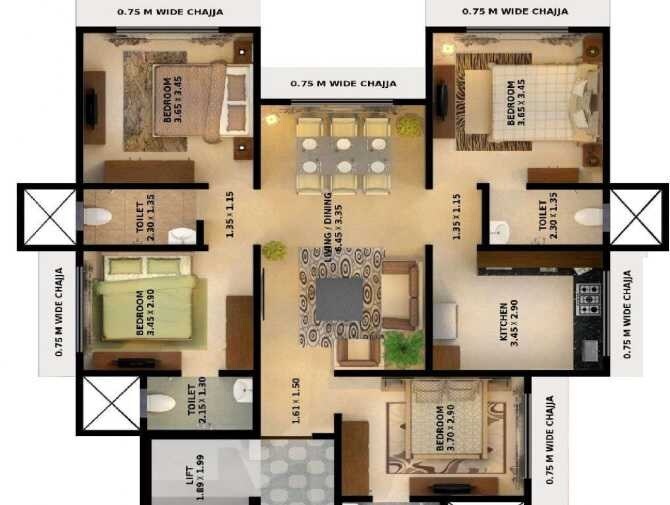 Floor plan of 4 BHK 1143 Sq. Ft. Apartment in Icon Belle Vue, Mumbai