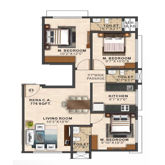 Floor plan of 3 BHK 776 Sq. Ft. Apartment in Icon Guru Sharan, Mumbai