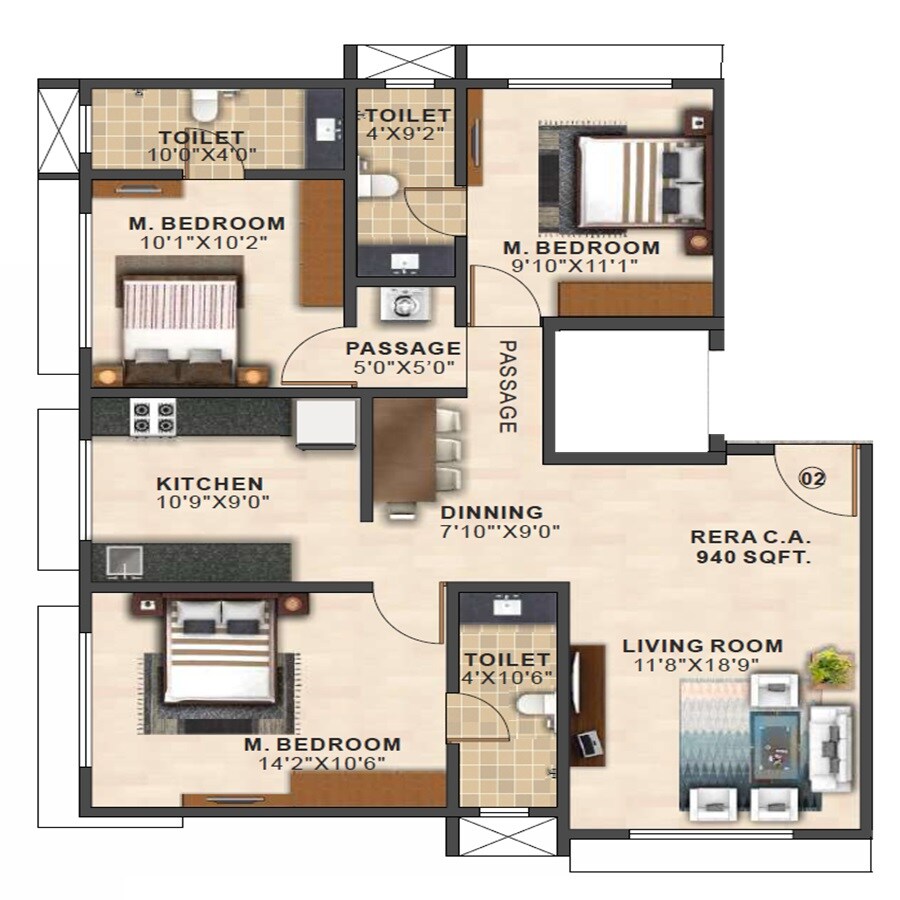 Floor plan of 3 BHK 940 Sq. Ft. Apartment in Icon Guru Sharan, Mumbai