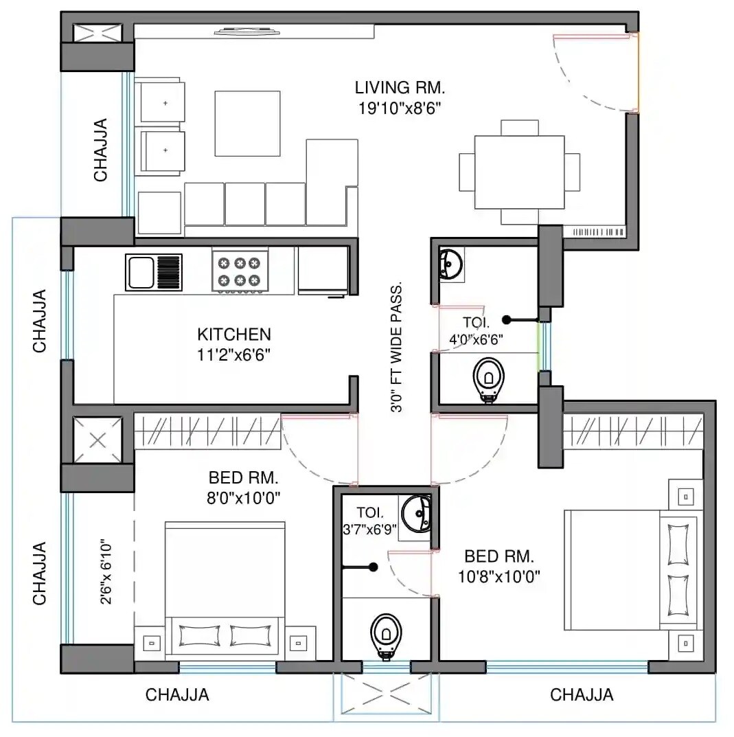 Floor plan of 2 BHK 558 Sq. Ft. Apartment in Ii Walls United Elicas, Mumbai