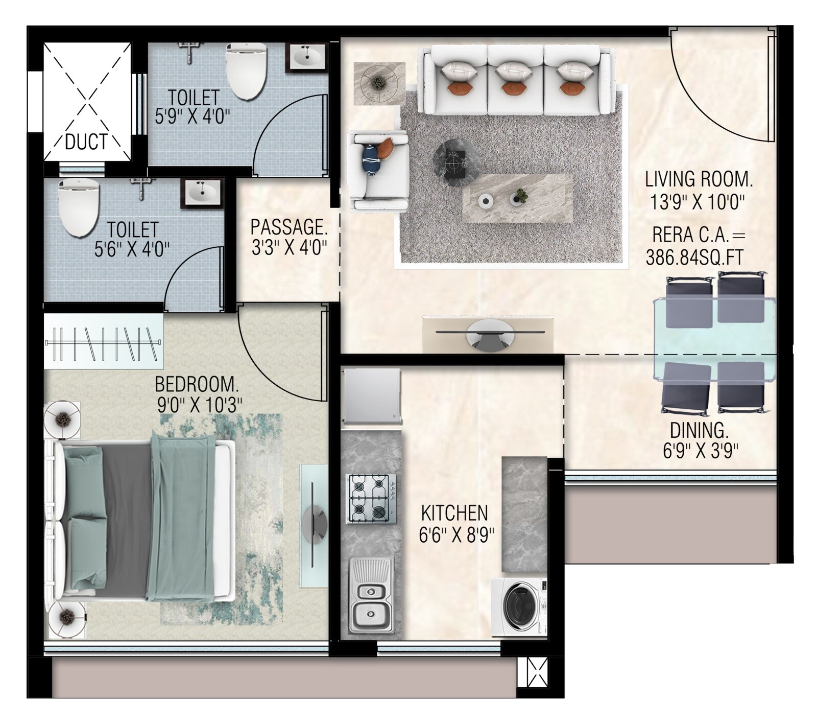 Floor plan of 1 BHK 386 Sq. Ft. Apartment in IJB Alburaq, Mumbai