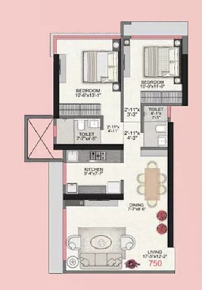 Floor plan of 2 BHK 750 Sq. Ft. Apartment in IM Applaud 38, Mumbai