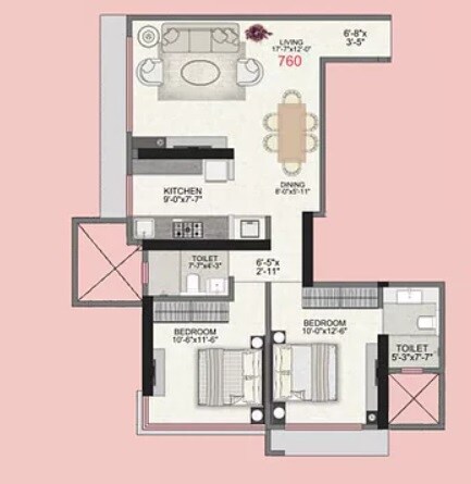 Floor plan of 2 BHK 760 Sq. Ft. Apartment in IM Applaud 38, Mumbai