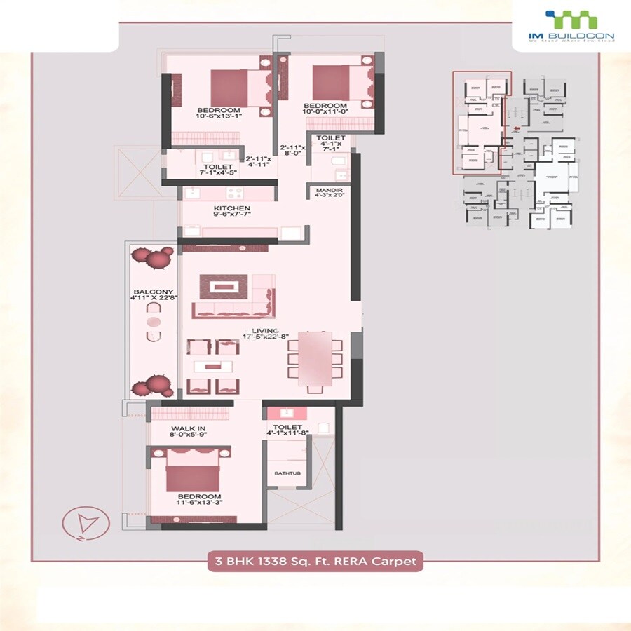 Floor plan of 3 BHK 1338 Sq. Ft. Apartment in IM Applaud 38, Mumbai