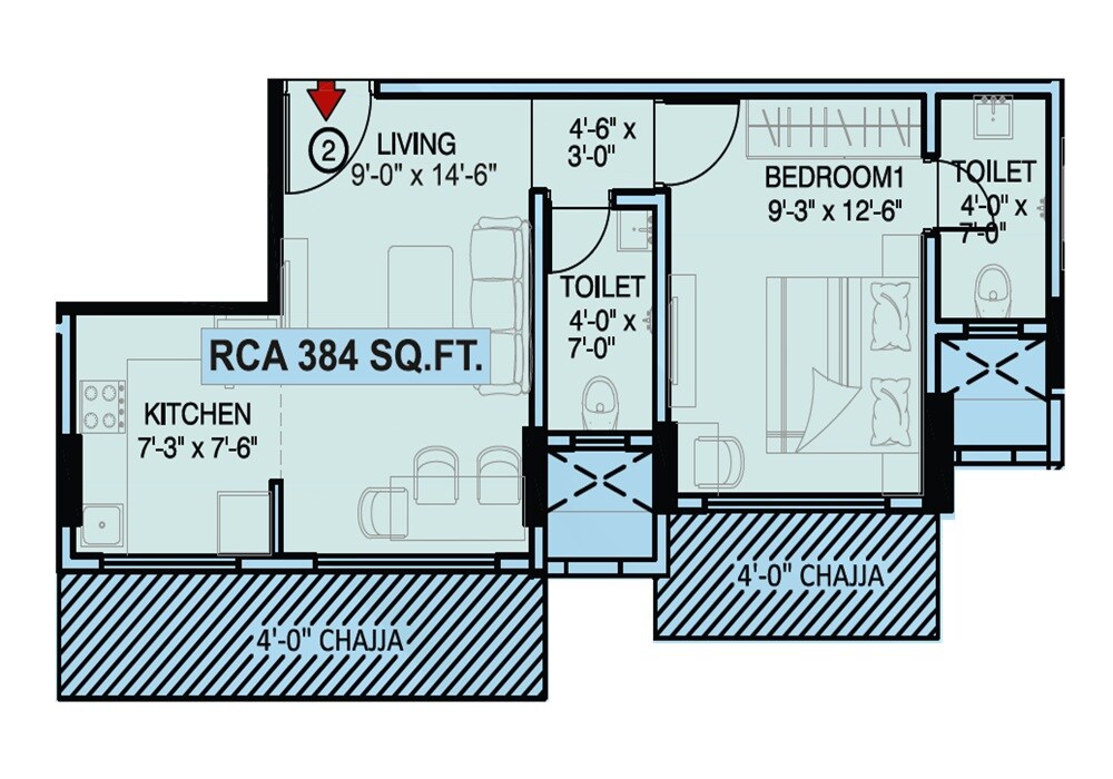 Floor plan of 1 BHK 384 Sq. Ft. Apartment in Imperial Hava Hira, Mumbai