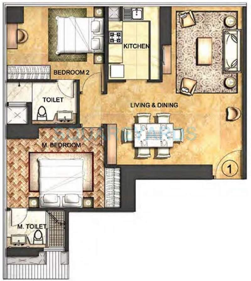 Floor plan of 2 BHK 827 Sq. Ft. Apartment in Indiabulls Blu, Mumbai