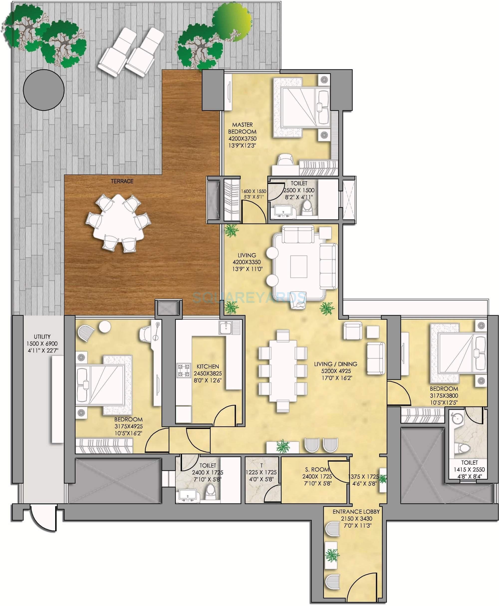 Floor plan of 3 BHK 3380 Sq. Ft. Apartment in Indiabulls Sky Suites, Mumbai