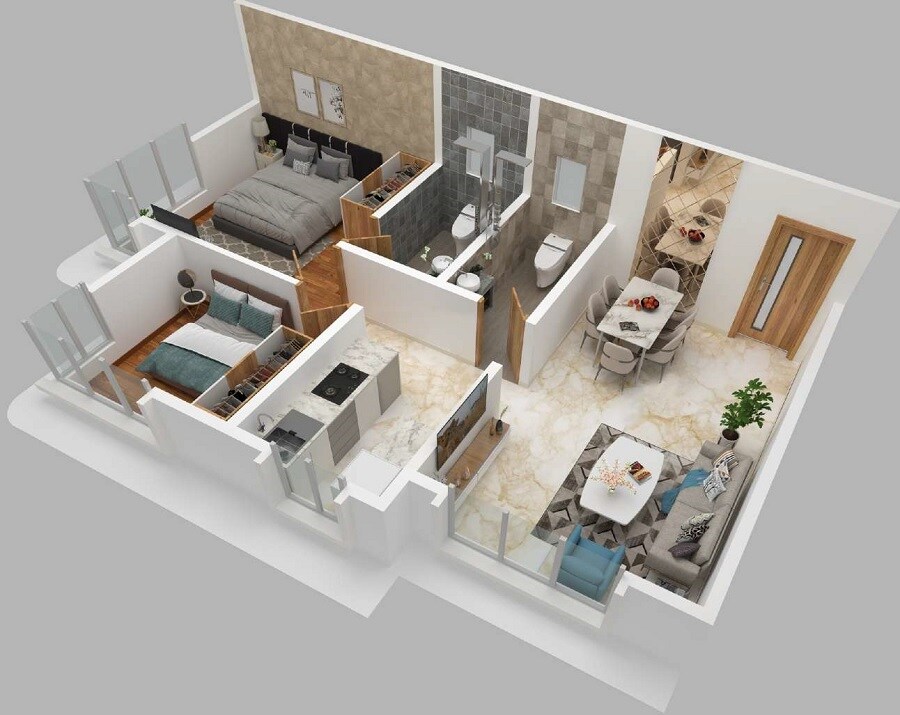 Floor plan of 2 BHK 523 Sq. Ft. Apartment in Indo Ashtha Buoyancy, Mumbai