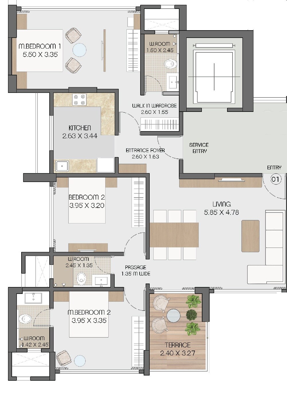 Floor plan of 3 BHK 1303 Sq. Ft. Apartment in Indus Valley Aangan, Mumbai