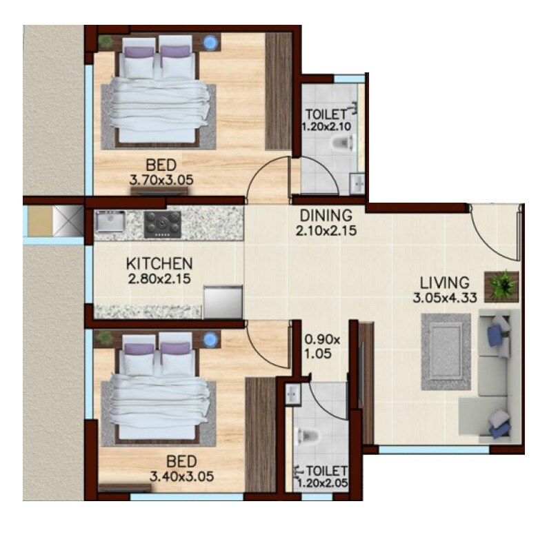 2 BHK 524 Sq. Ft. Apartment