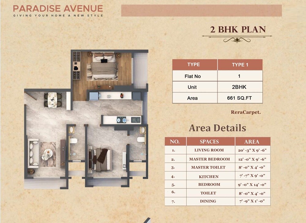 Floor plan of 2 BHK 661 Sq. Ft. Apartment in Infinity Paradise CHS, Mumbai