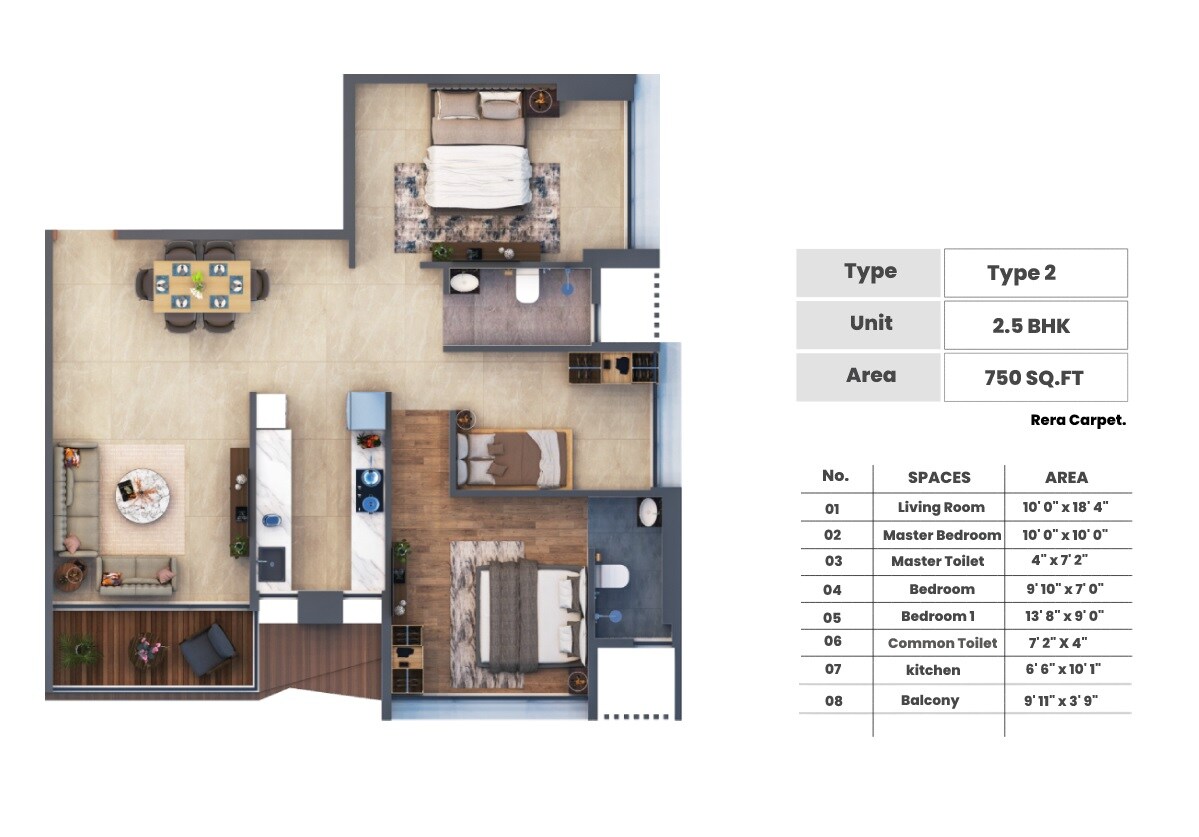 2 BHK 750 Sq. Ft. Apartment