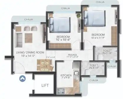 Floor plan of 2 BHK 585 Sq. Ft. Apartment in Innoventures Sidhachal Residency, Mumbai
