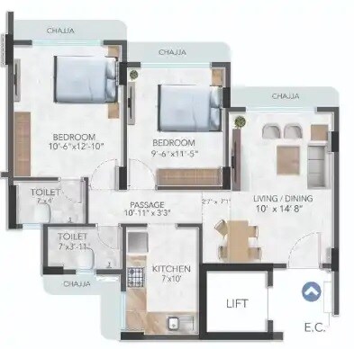 2 BHK 606 Sq. Ft. Apartment