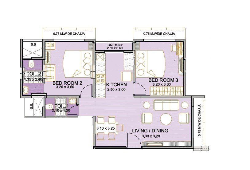 Floor plan of 2 BHK 664 Sq. Ft. Apartment in Integrated Ahana, Mumbai