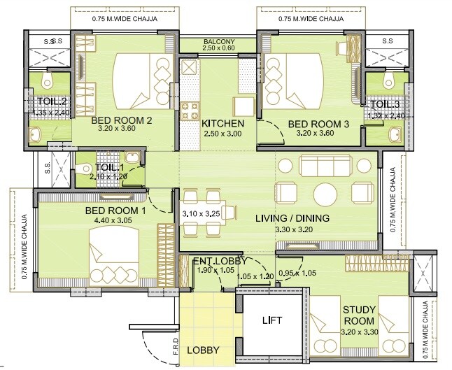 Floor plan of 3 BHK 1026 Sq. Ft. Apartment in Integrated Ahana, Mumbai