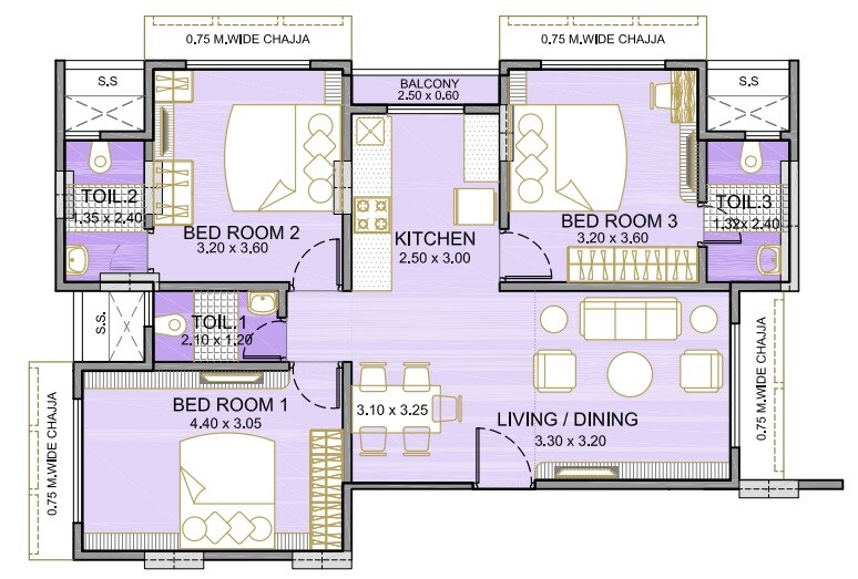 Floor plan of 3 BHK 854 Sq. Ft. Apartment in Integrated Ahana, Mumbai