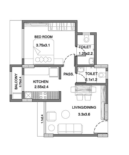 Floor plan of 1 BHK 443 Sq. Ft. Apartment in Integrated Arya, Mumbai