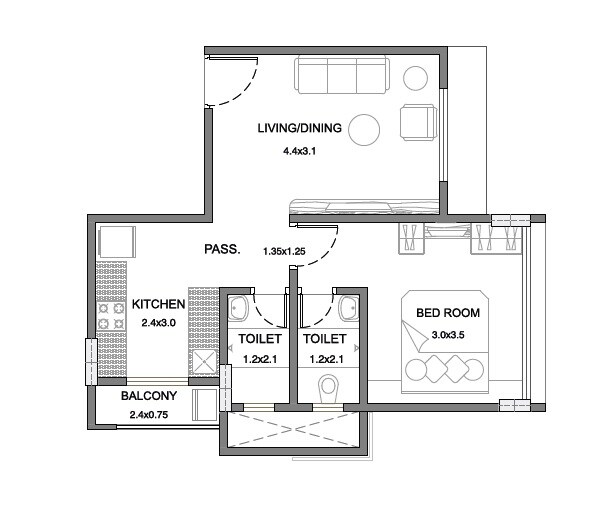 Floor plan of 1 BHK 470 Sq. Ft. Apartment in Integrated Arya, Mumbai