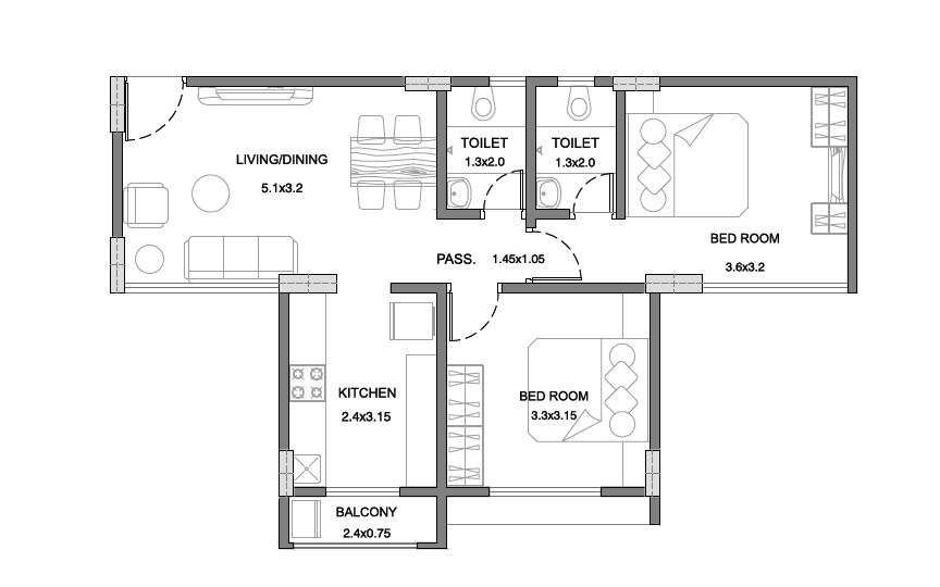 Floor plan of 2 BHK 614 Sq. Ft. Apartment in Integrated Arya, Mumbai