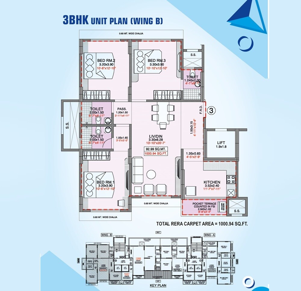 Floor plan of 3 BHK Apartment - 1000 sq. ft. in Integrated Kavya, Mumbai