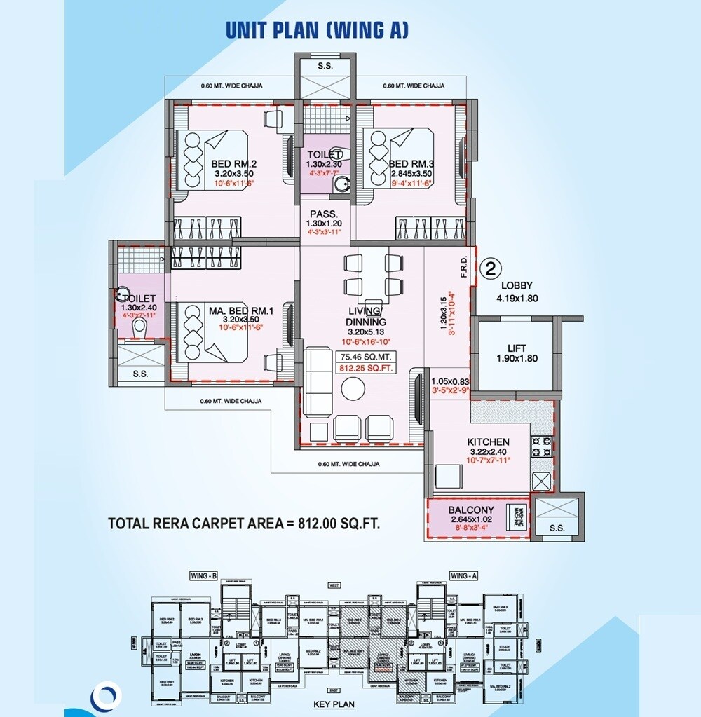 Floor plan of 3 BHK Apartment - 812 sq. ft. in Integrated Kavya, Mumbai
