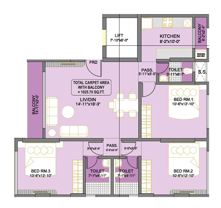3 BHK 1025 Sq. Ft. Apartment