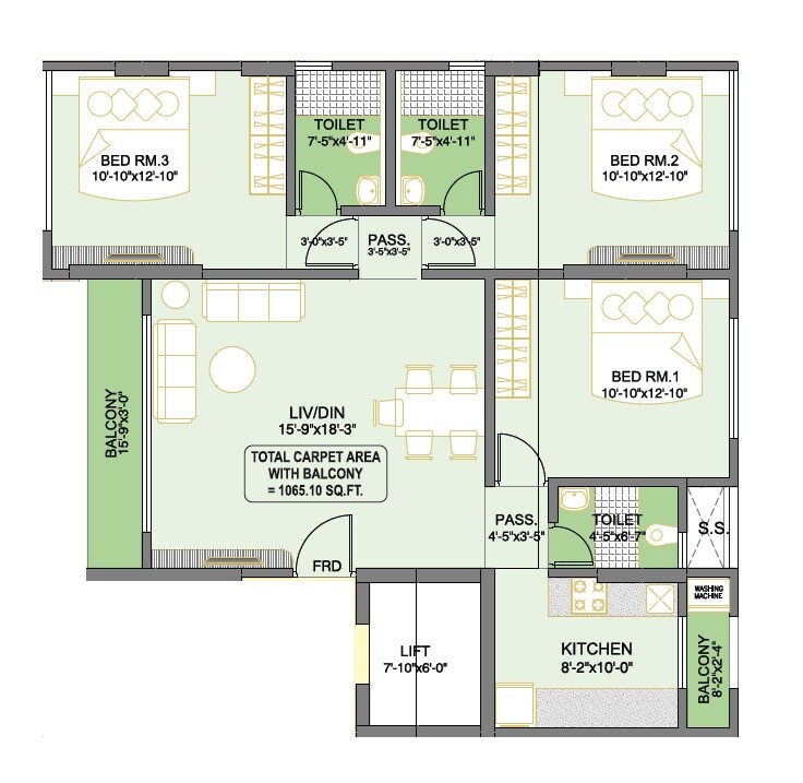 Floor plan of 3 BHK 1065 Sq. Ft. Apartment in Integrated Neelkanth Prakash, Mumbai