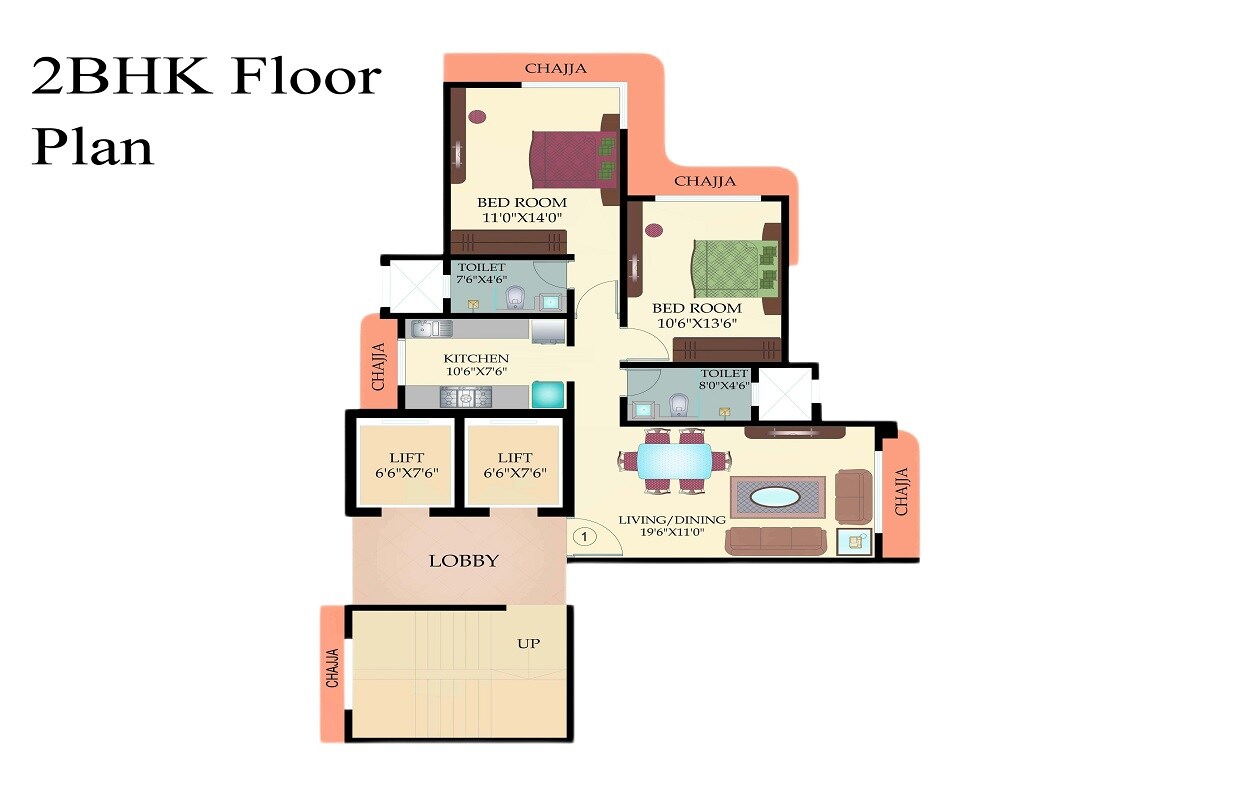 Floor plan of 2 BHK 728 Sq. Ft. Apartment in Interintel Gurnani Palms, Mumbai