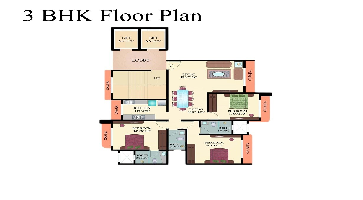 Floor plan of 3 BHK 1068 Sq. Ft. Apartment in Interintel Gurnani Palms, Mumbai
