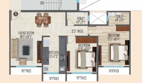 Floor plan of 2 BHK 728 Sq. Ft. Apartment in Ipsit Anand Mangal, Mumbai