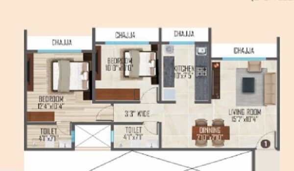Floor plan of 2 BHK 766 Sq. Ft. Apartment in Ipsit Anand Mangal, Mumbai