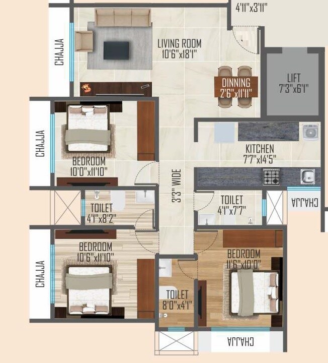 Floor plan of 3 BHK 981 Sq. Ft. Apartment in Ipsit Anand Mangal, Mumbai