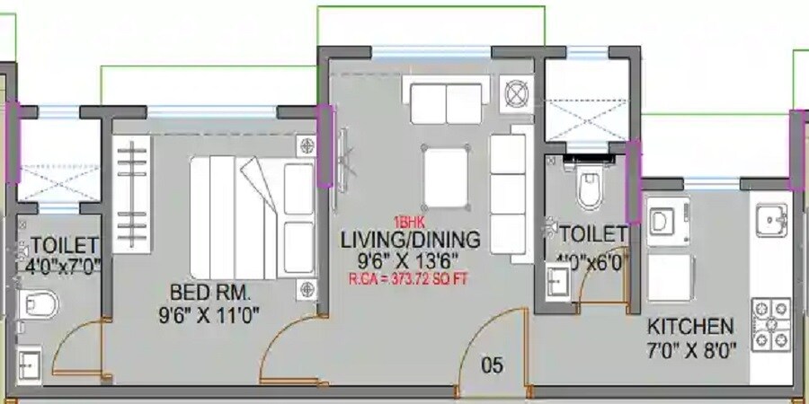 Floor plan of 1 BHK 375 Sq. Ft. Apartment in IR Ganga CHSL, Mumbai