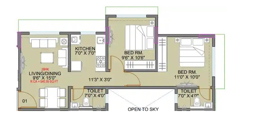 Floor plan of 2 BHK 540 Sq. Ft. Apartment in IR Ganga CHSL, Mumbai