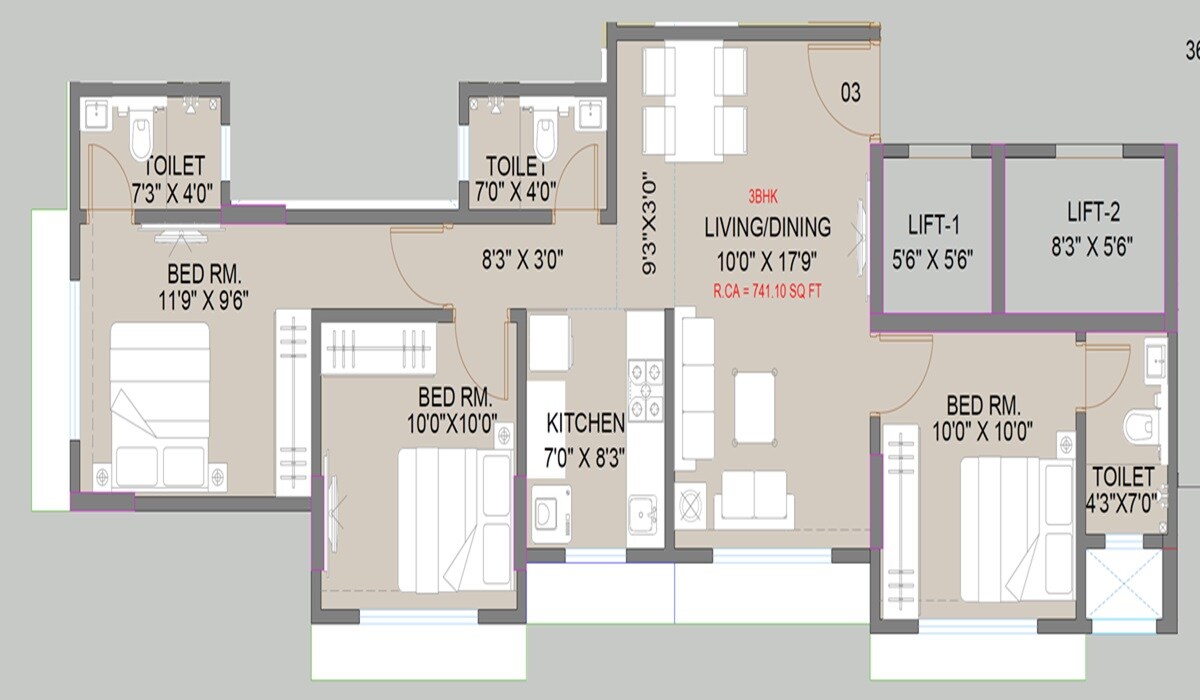 Floor plan of 3 BHK 741 Sq. Ft. Apartment in IR Ganga CHSL, Mumbai