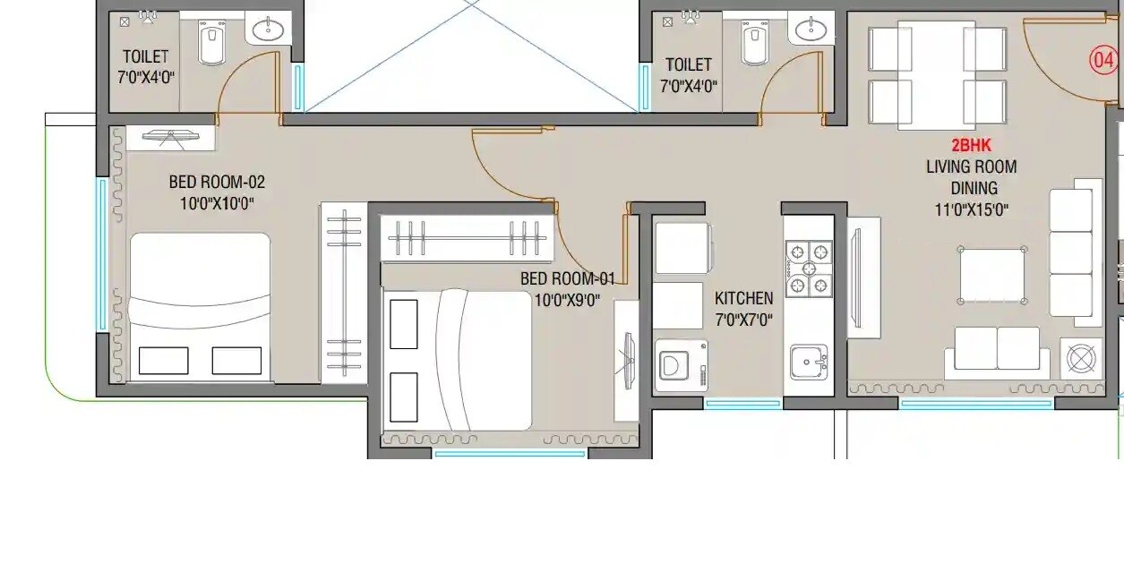 Floor plan of 2 BHK 640 Sq. Ft. Apartment in IR Horizon Heights, Mumbai