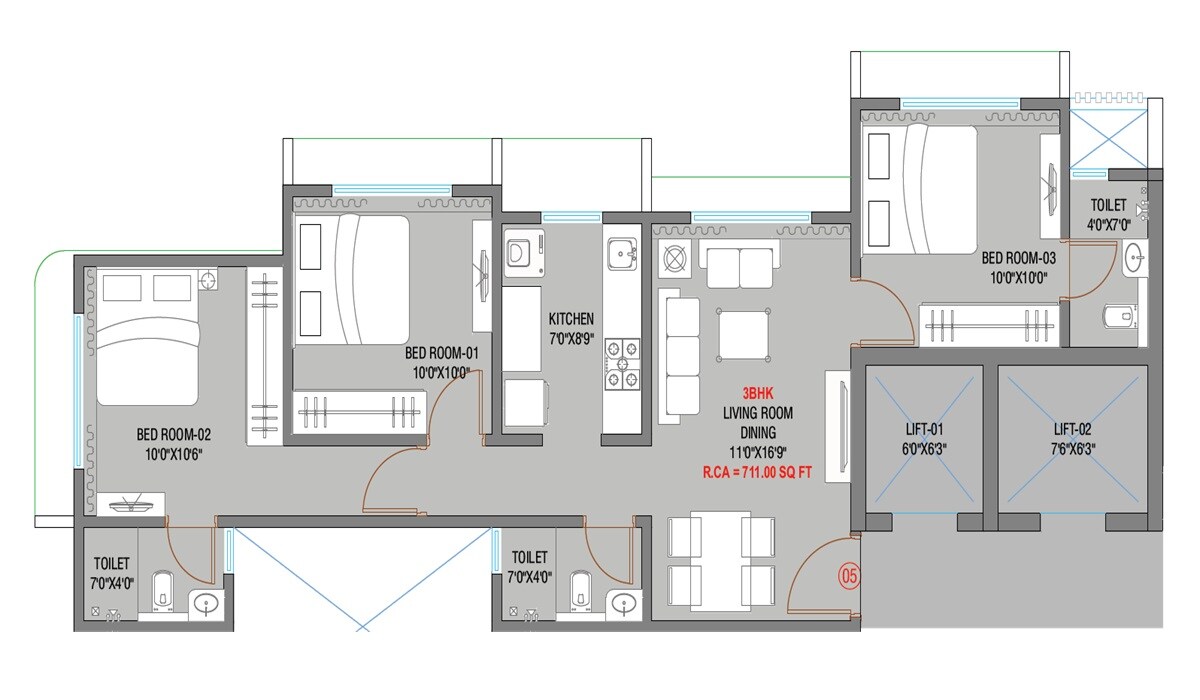 Floor plan of 3 BHK 711 Sq. Ft. Apartment in IR Horizon Heights, Mumbai