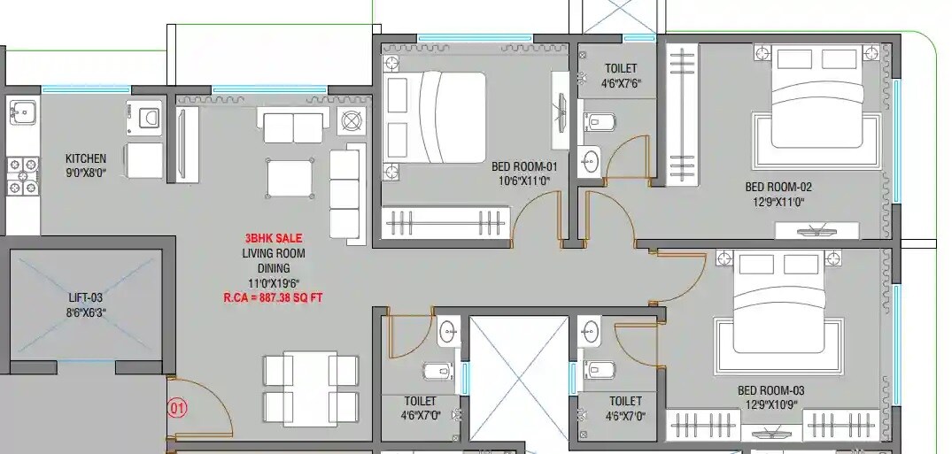 Floor plan of 3 BHK 888 Sq. Ft. Apartment in IR Horizon Heights, Mumbai