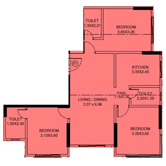 Floor plan of 3 BHK 947 Sq. Ft. Apartment in IR Horizon View, Mumbai
