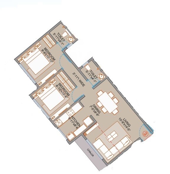 2 BHK 557 Sq. Ft. Apartment