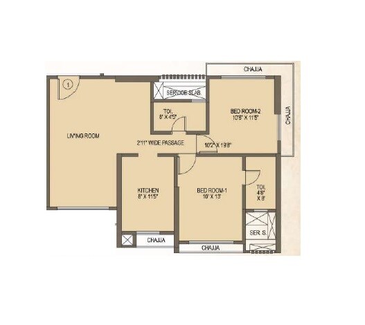 Floor plan of 2 BHK 743 Sq. Ft. Apartment in J P Jeevan Heights, Mumbai