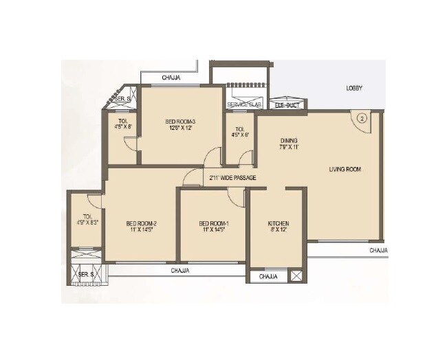 Floor plan of 3 BHK 1039 Sq. Ft. Apartment in J P Jeevan Heights, Mumbai