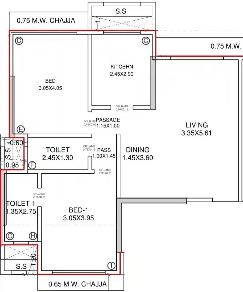 Floor plan of 2 BHK 690 Sq. Ft. Apartment in J S Vinayak Residency, Mumbai