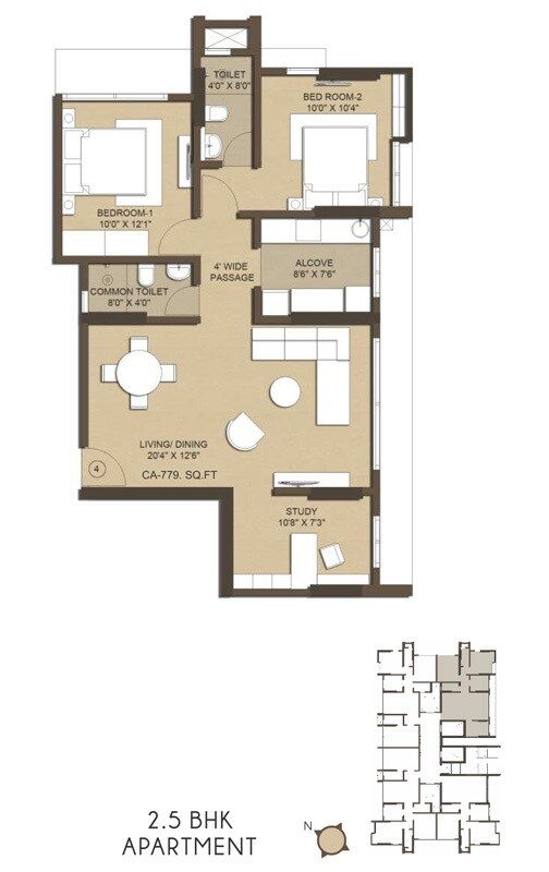 Floor plan of 2 BHK 779 Sq. Ft. Apartment in Jade Deluxe Apartments, Mumbai