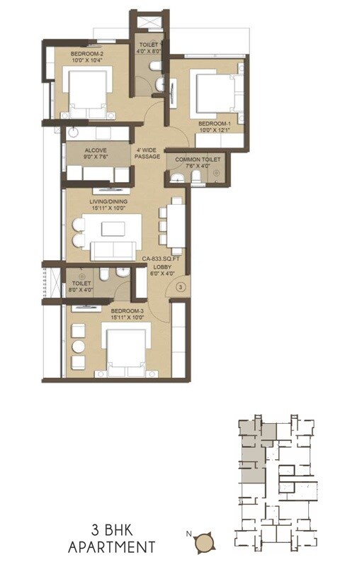 Floor plan of 3 BHK 833 Sq. Ft. Apartment in Jade Deluxe Apartments, Mumbai