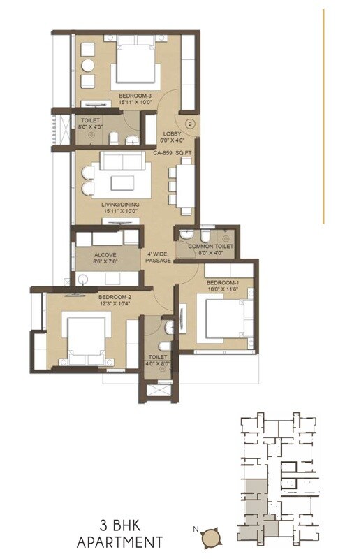 Floor plan of 3 BHK 859 Sq. Ft. Apartment in Jade Deluxe Apartments, Mumbai